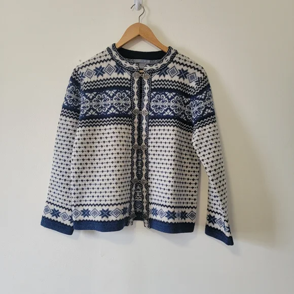 Carroll Reed Wool Blue and White Cardigan Sweater - Picture 1 of 7